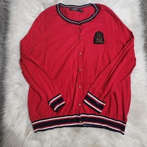 Lauren Ralph Lauren Womens Bullion-Patch Cardigan Red Sz 2XL Academia  Preppy